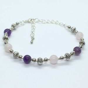 Rose Quartz and Amethyst Gemstone Silver Bracelet